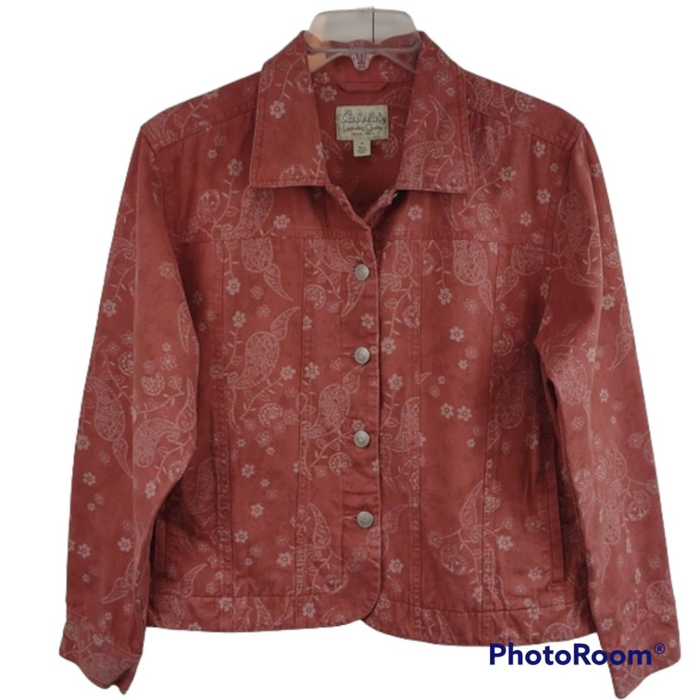 Cabela's Dusty Pink Floral Paisley LS Button Up 100% Denim Cotton Trucker Jacket